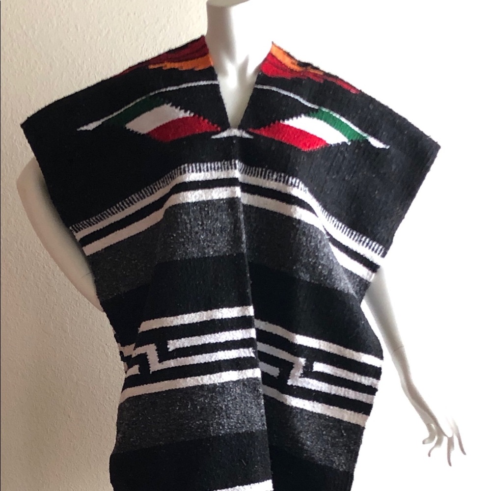 VTG Mexican Striped Poncho Blanket Sweater Fringe